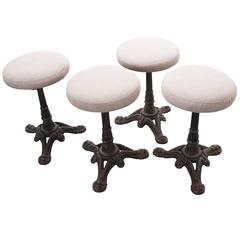 Set of Four French Iron Bistro Stools with Upholstered Seats