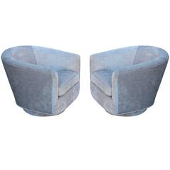 Pair of Modern Baughman Style Silver Grey Velvet Swivel Chairs