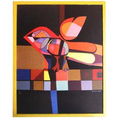 Colorful Lithograph Titled "Pajaro Gordito" by Garcias Llort