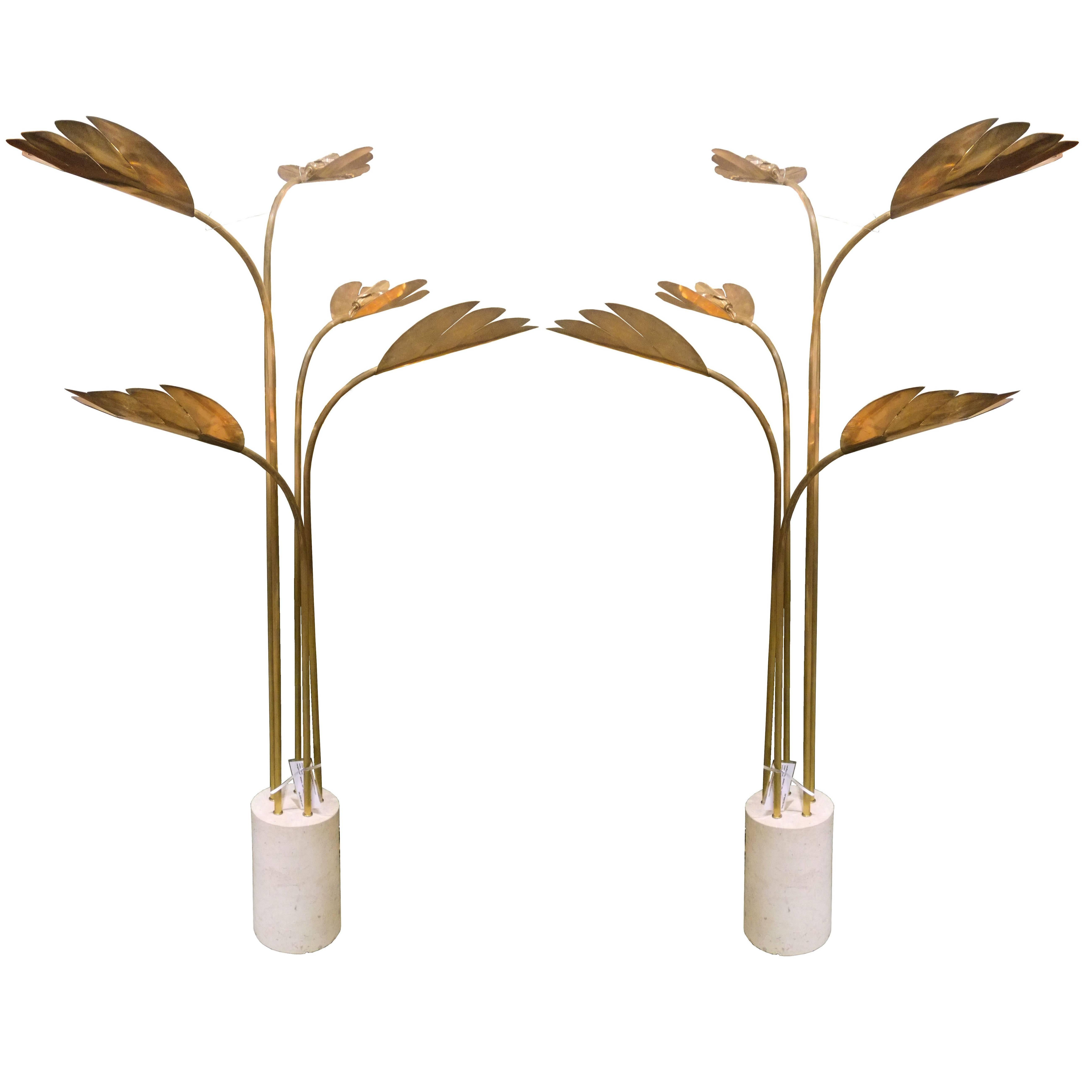 Pair of Large Brass Leaf Floor Lamps