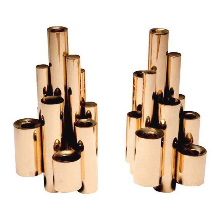 Gio Ponti Style Modernist Brass Stacked Tubular Candlesticks
