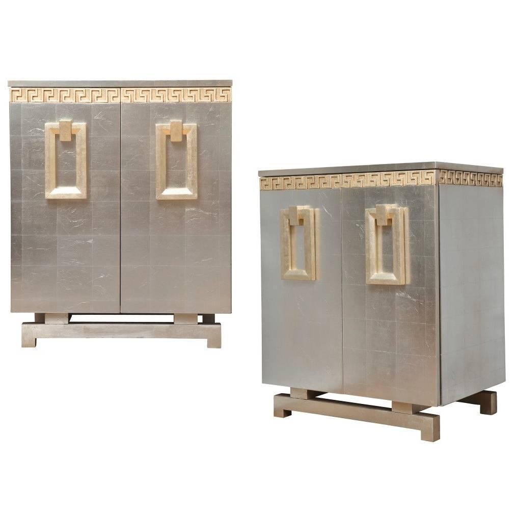 A Pair of New Art-Deco Style Two-Door Silver Leafed Cabinets by David Duncan