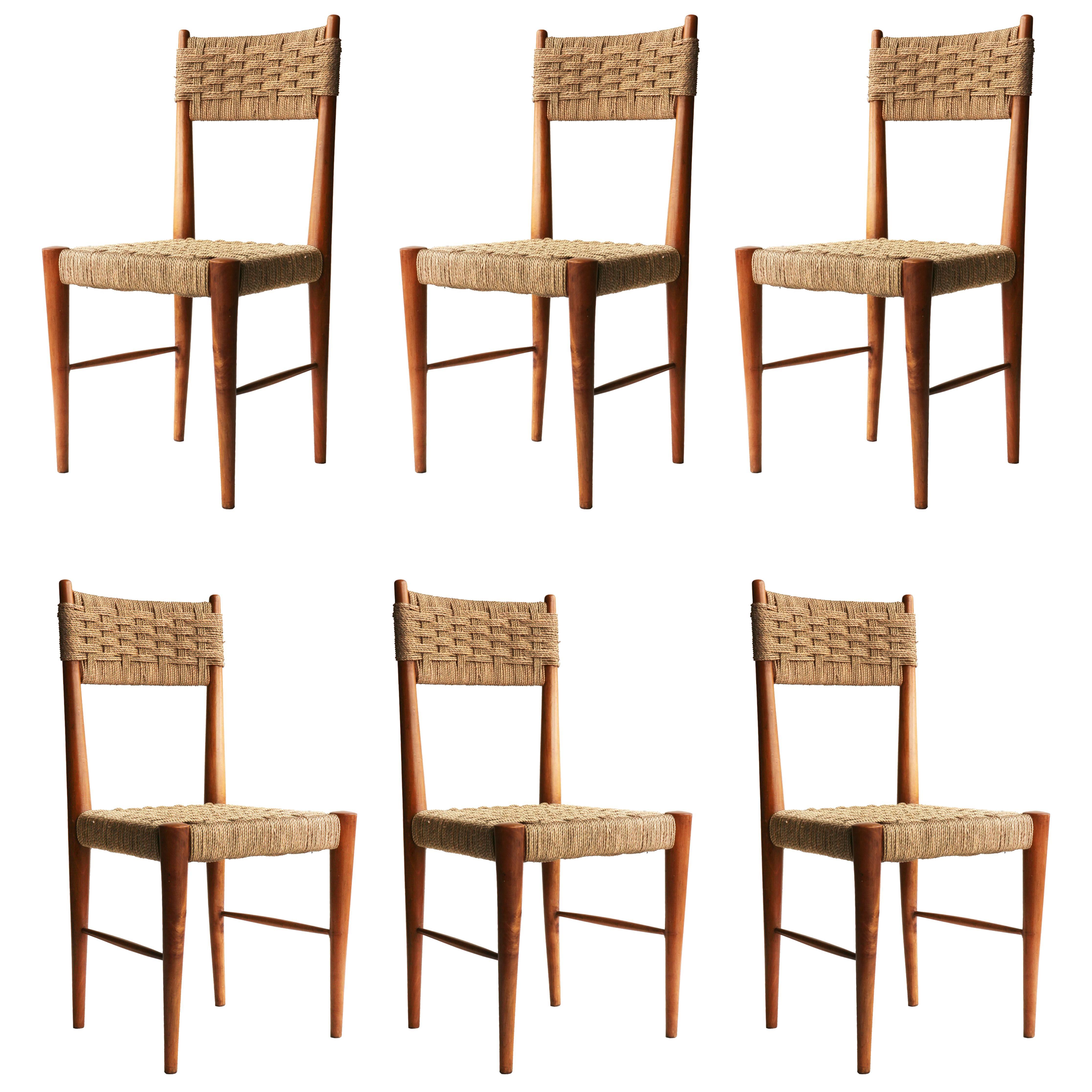 Set of Six Chairs with Wooden Structure and Natural Fiber, Italia, 1950