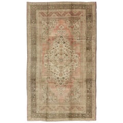 Vintage Turkish Oushak Carpet with Faint Salmon Field and Elegant Floral Motifs