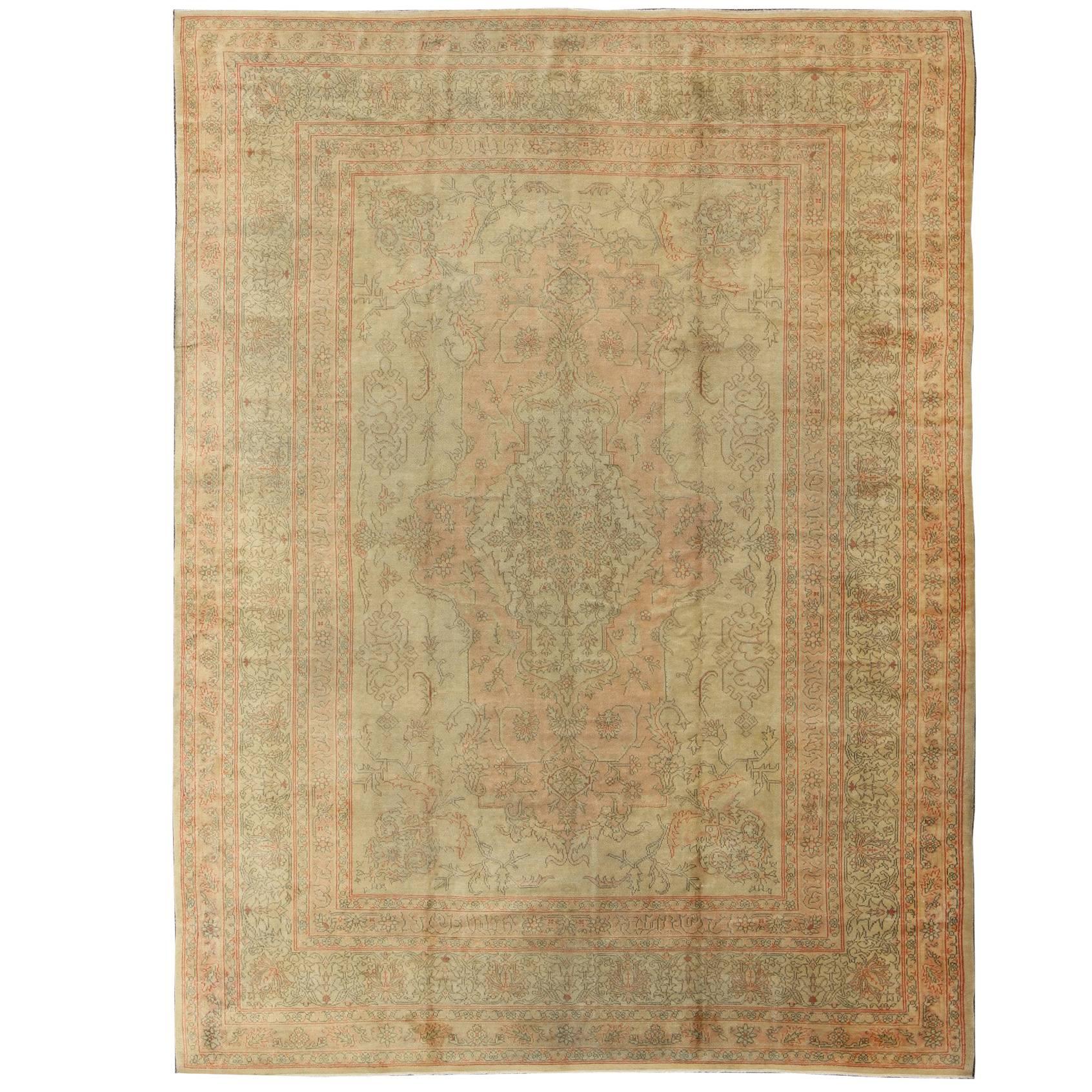  Antique Oushak Medallion Carpet in Light Green & Salmon For Sale
