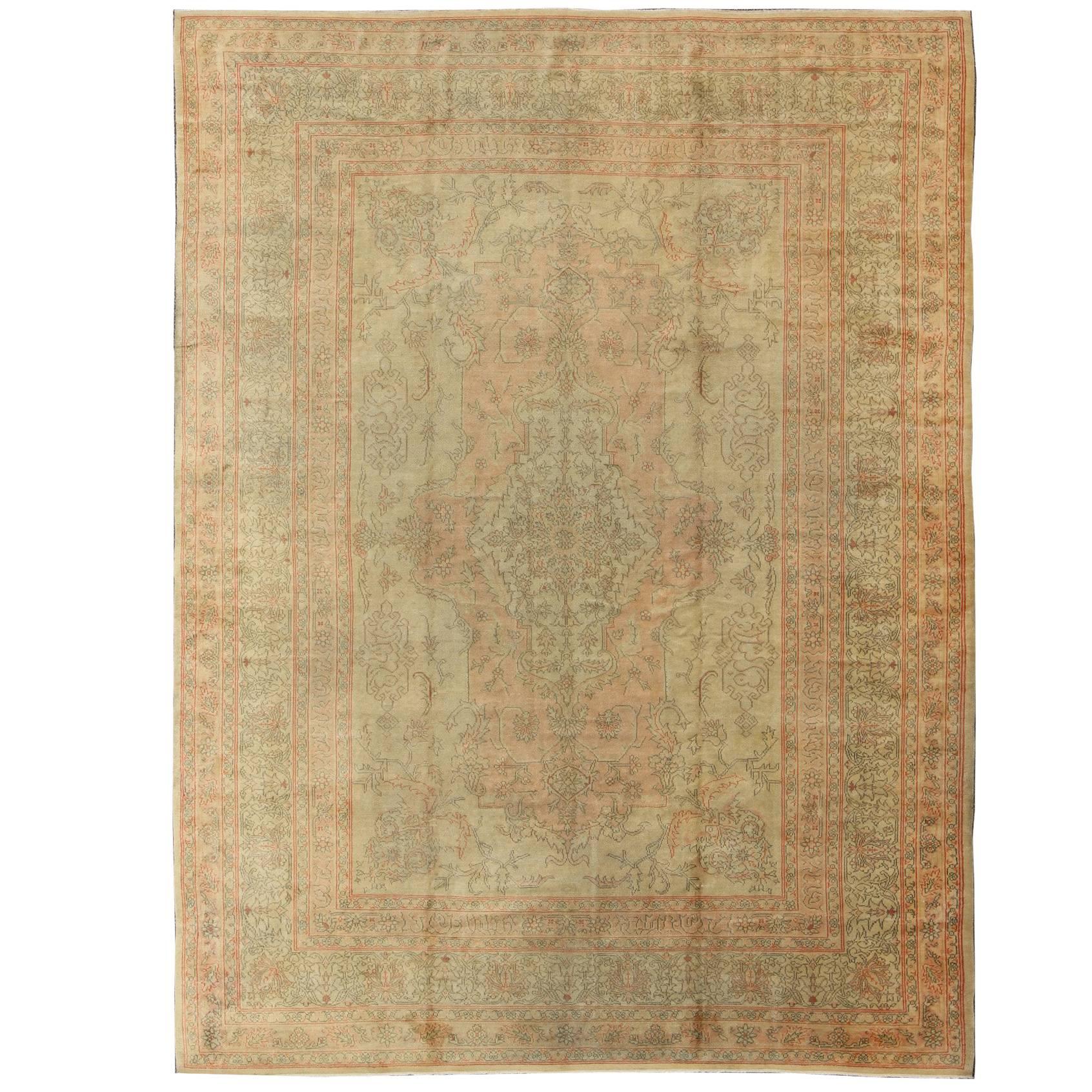 Antique Oushak Medallion Carpet in Light Green & Salmon