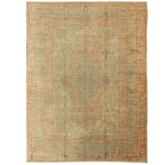  Antique Oushak Medallion Carpet in Light Green & Salmon