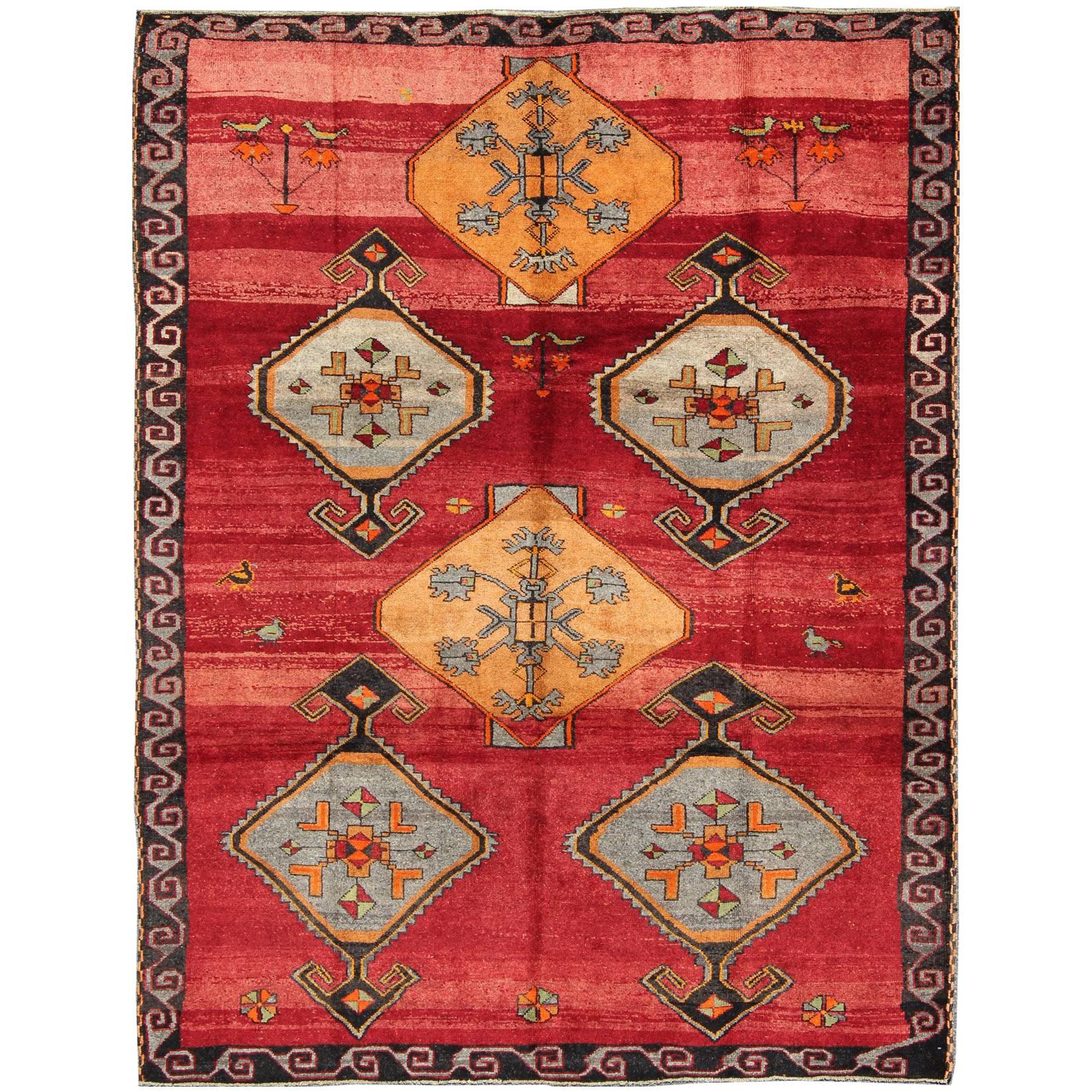 Vintage Turkish Kars Rug with Striated Red Field and Six Central Medallions