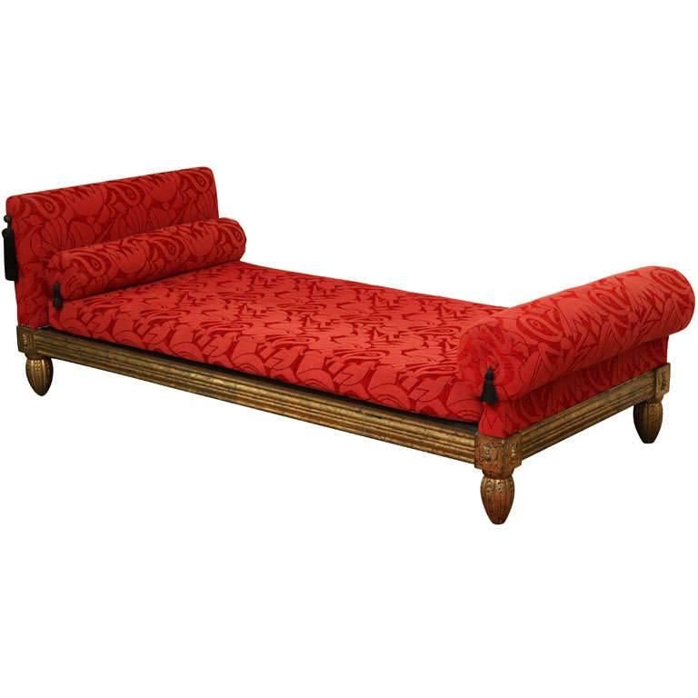 Armand Albert Rateau French Art Deco Giltwood and Red Silk Daybed For Sale