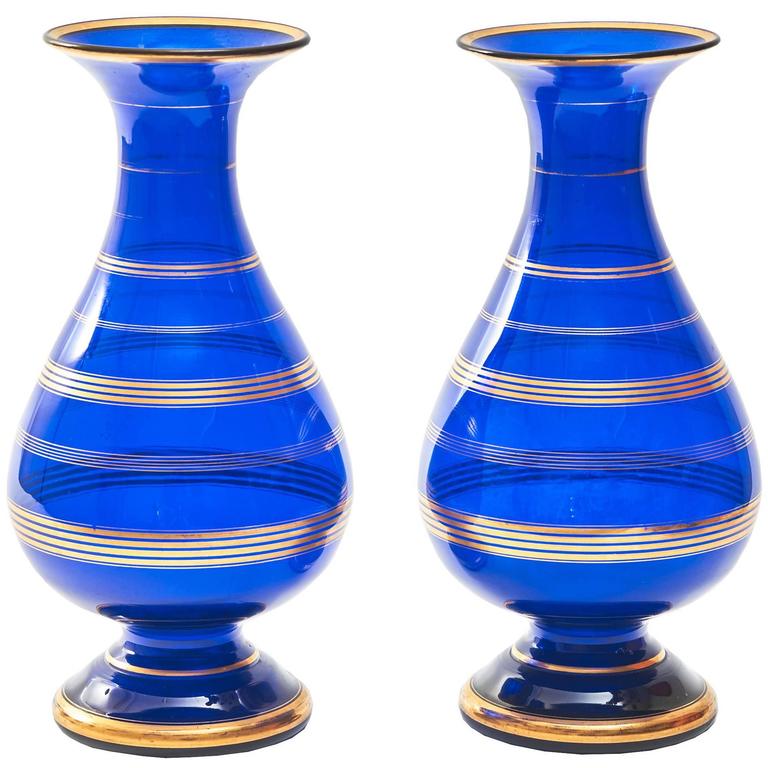 Pair of French Blue Glass and Gilt Decorated Vases, circa 1900 For Sale ...