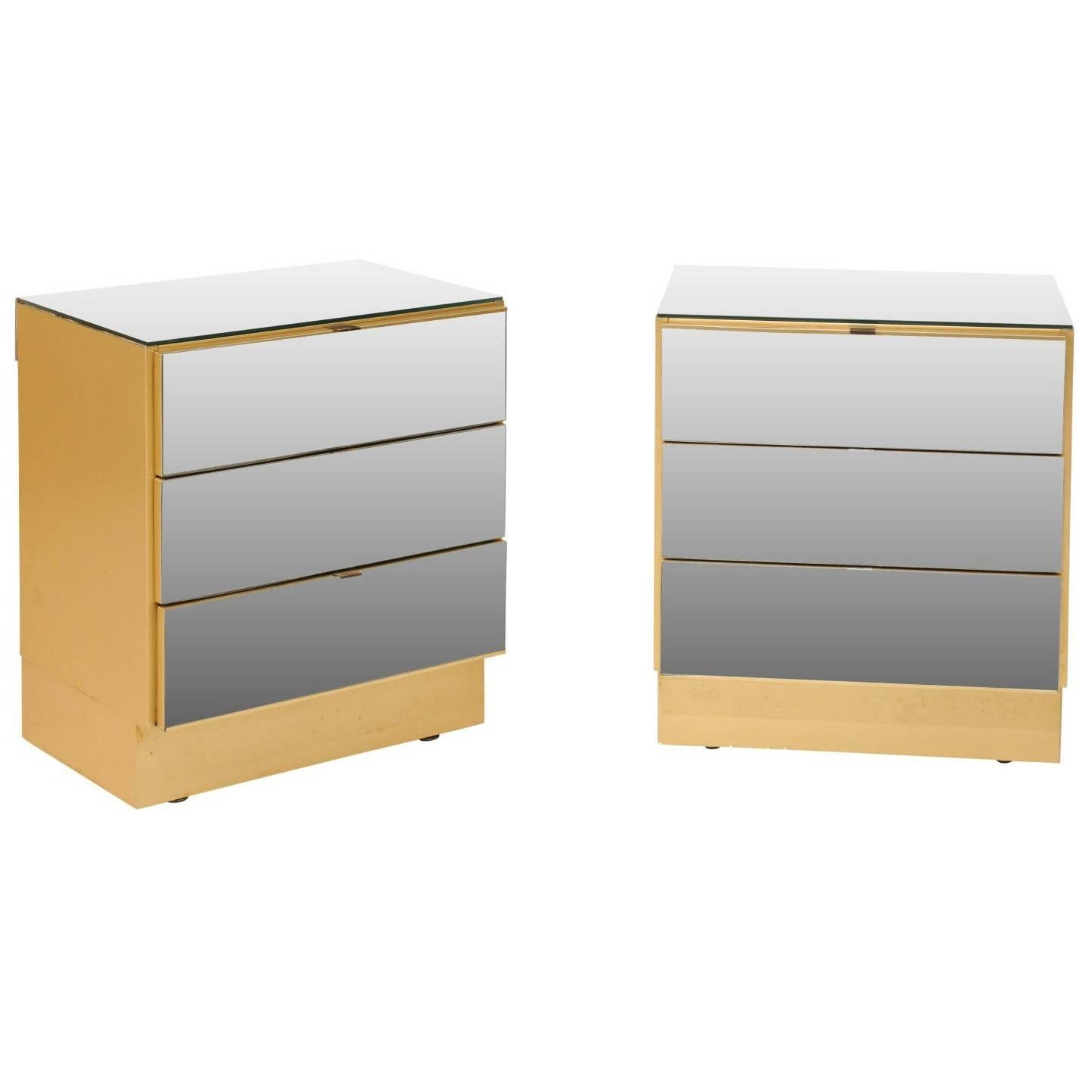 Sleek Pair of Modern Style Three-Drawer Mirrored Vintage Chests with Gold Color