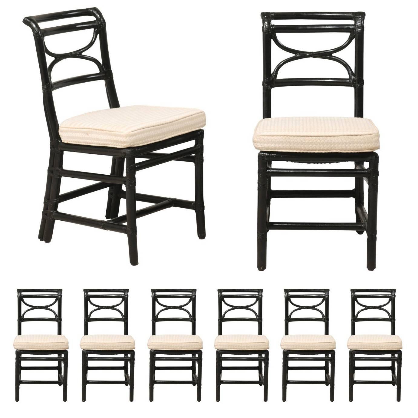 Set of Eight McGuire Rattan Dining Side Chairs in Black, Curule Shaped Backs