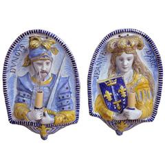 Pair of 19th Century French Faience Sconces with Joan of Arc and Duc D'Orleans