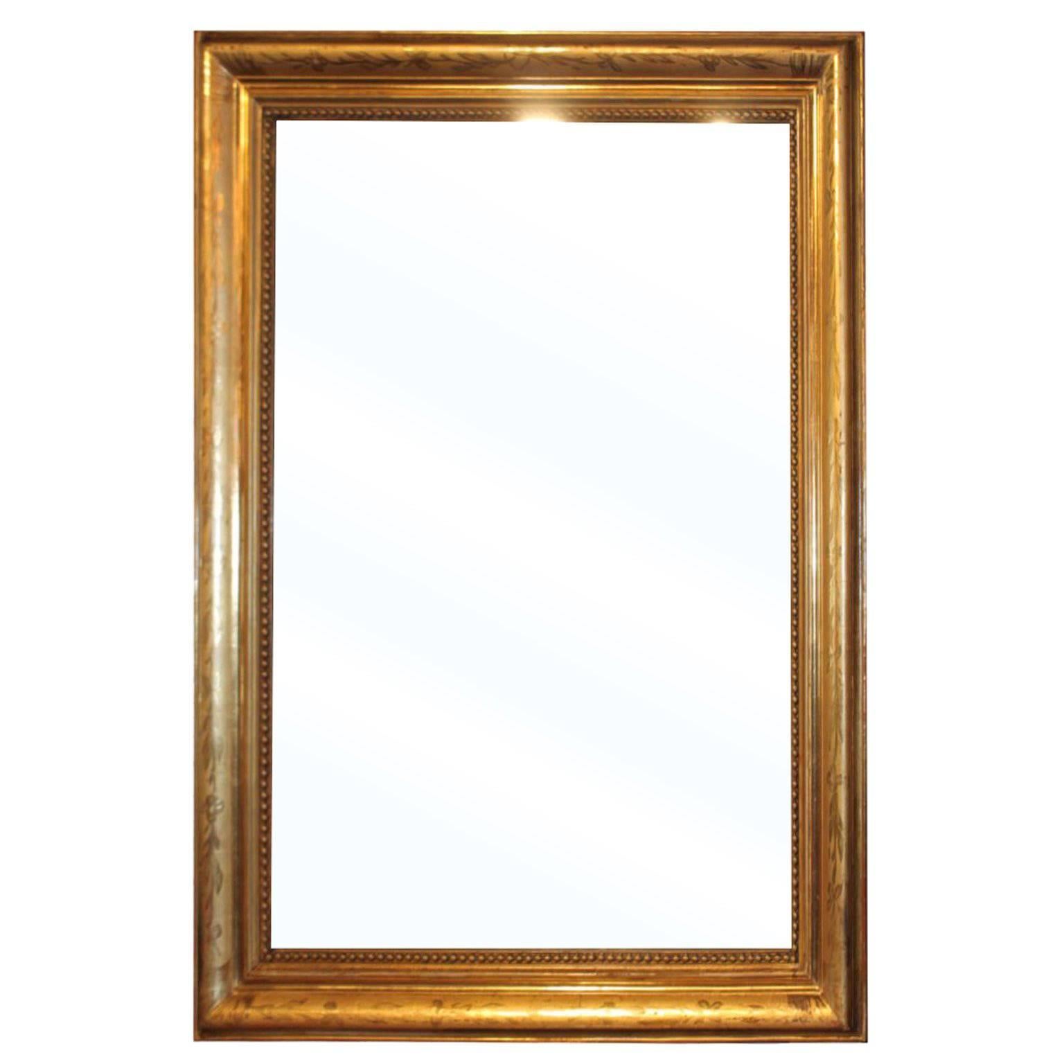 French Rectangular Giltwood Mirror with Etched Motifs and Beads