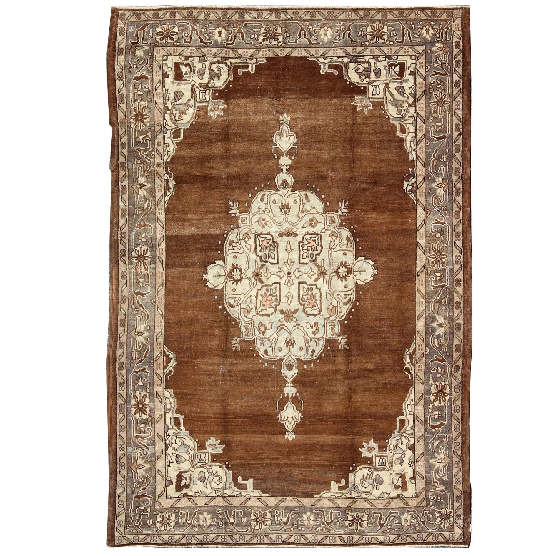 Vintage Turkish Oushak Rug with Floral Motifs in Chocolate Brown, Ivory, Taupe