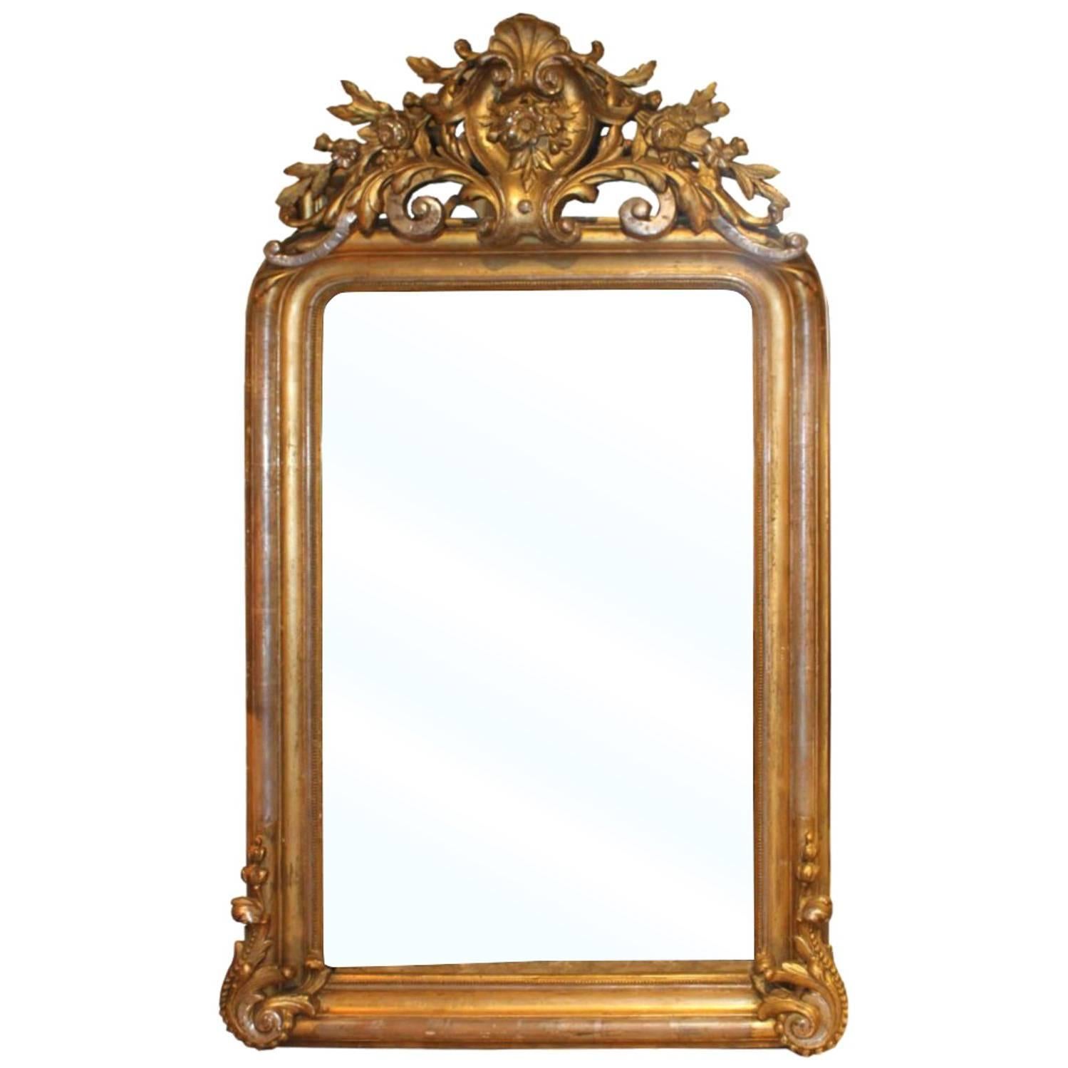 French Louis XVI Style Gilt and Silvered Mirror with Carved Crest, 19th Century