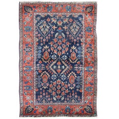 Antique Persian Tabriz Carpet with Botanical Elements in Navy Blue, Red-Orange