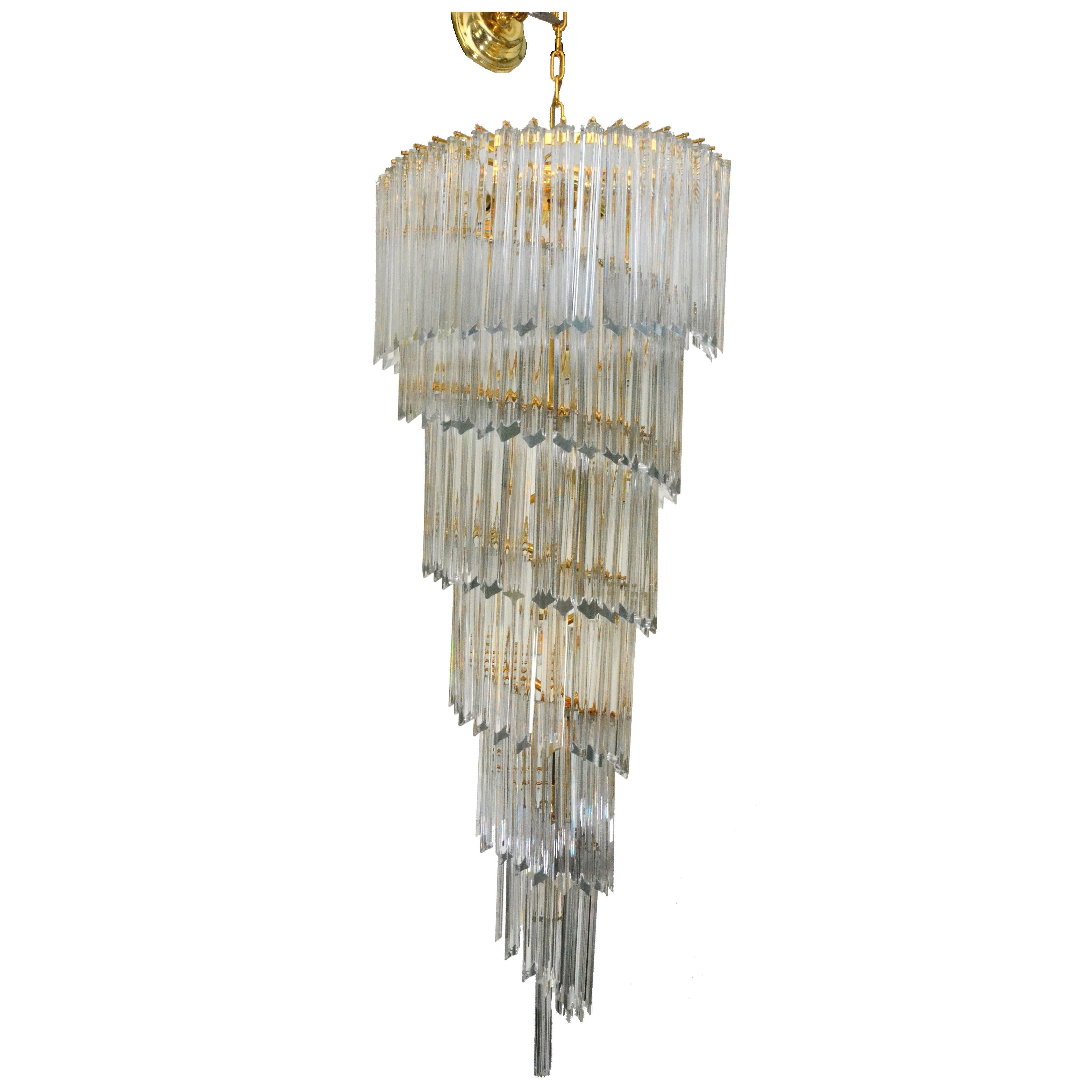 Tall Venini Crystal and Brass Spiral Chandelier