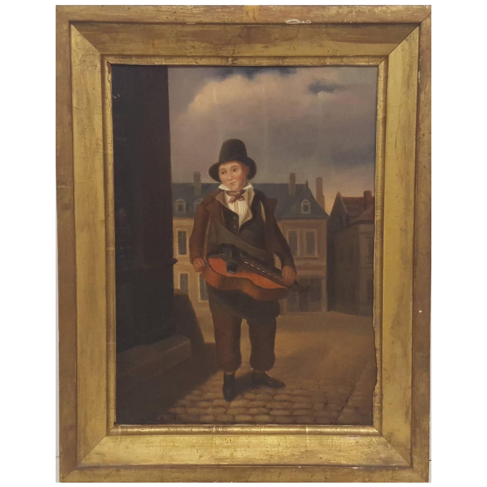 Western European (French) 19th Century Oil Painting of Street Musician For Sale