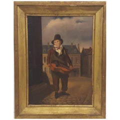 Western European (French) 19th Century Oil Painting of Street Musician