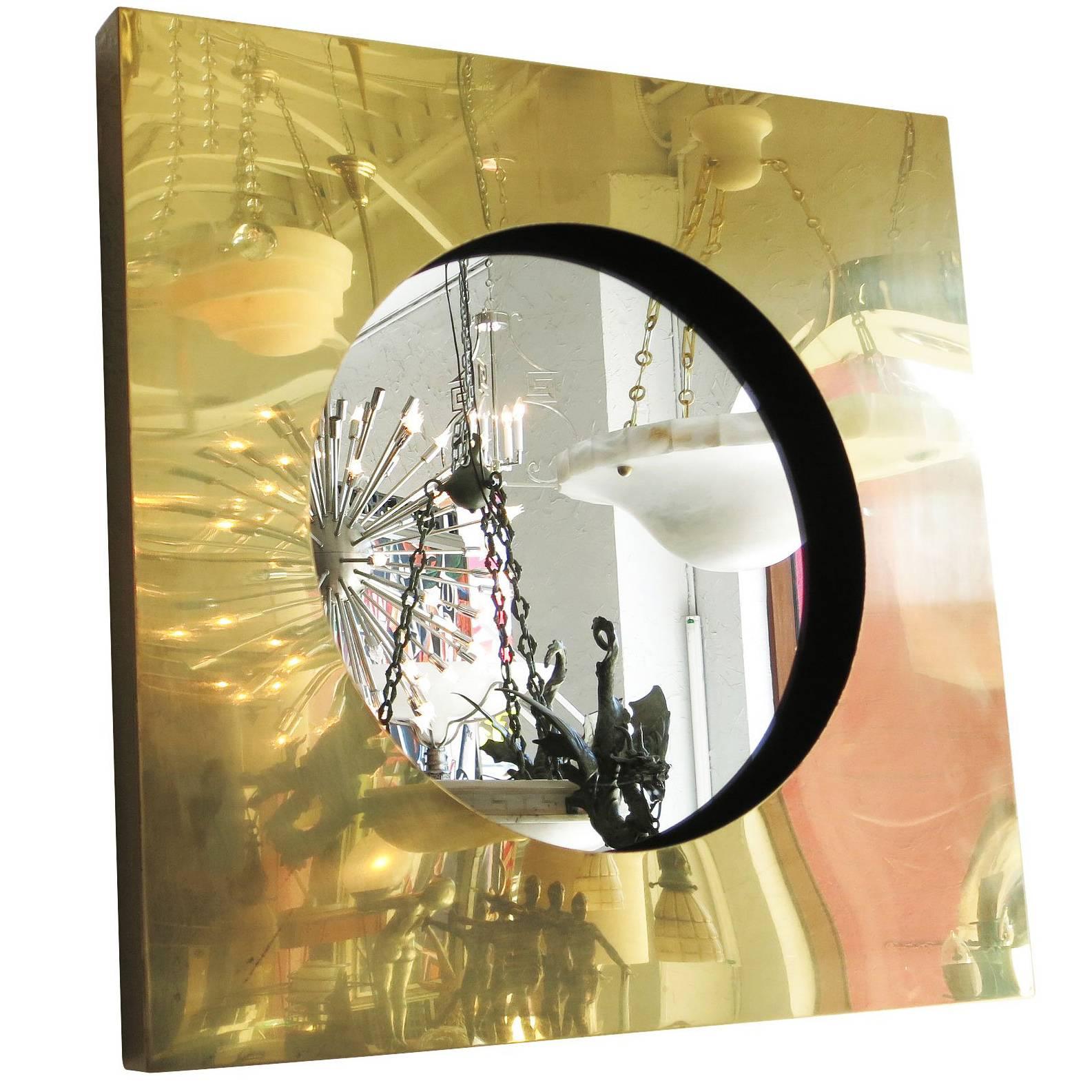 Polished Brass Square Port Hole Mirror by Curtis Jere