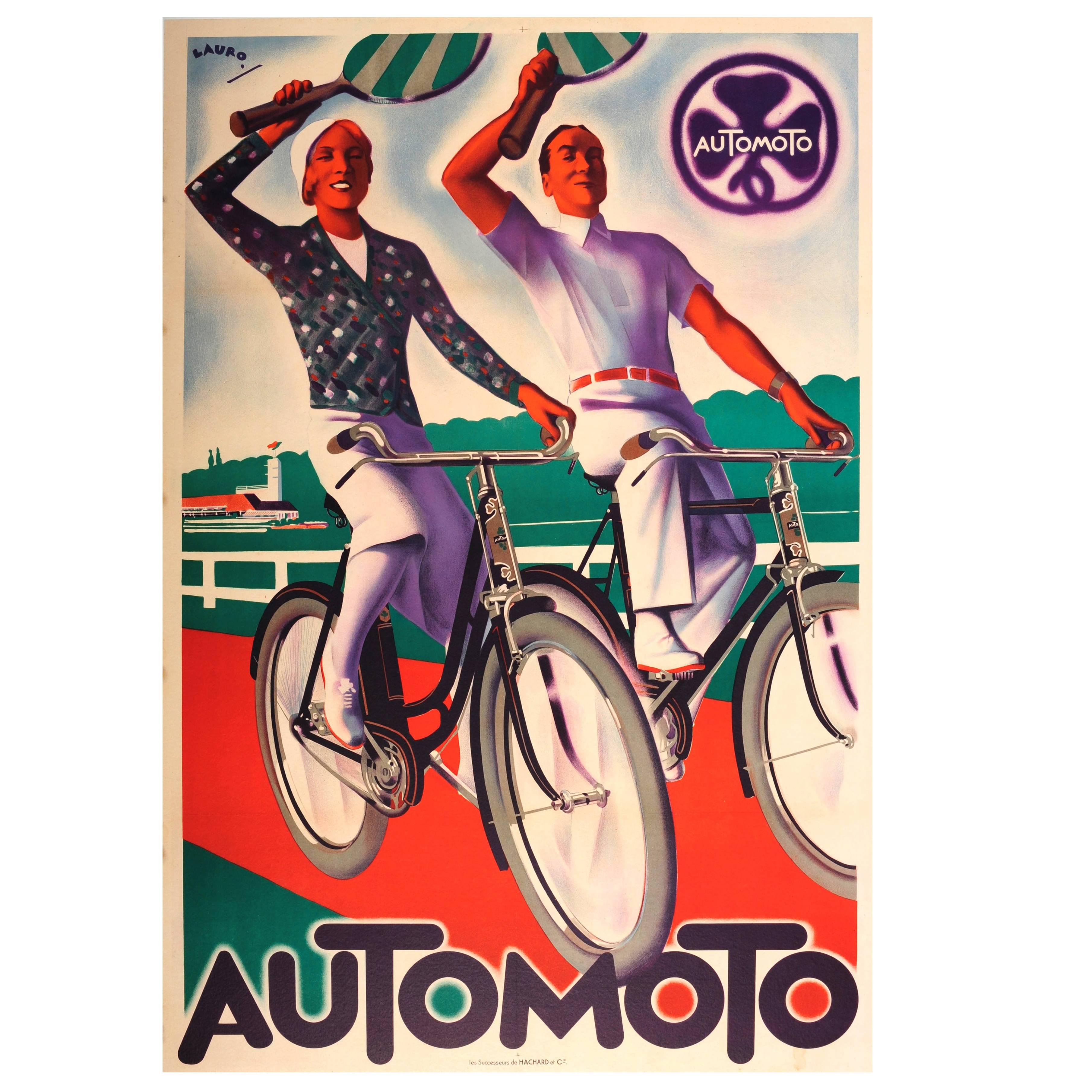 Original Vintage Art Deco Poster Advertising the French Bicycle Company Automoto
