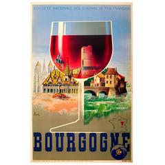 Original Vintage SNCF Railway Travel Poster Advertising the Burgundy Wine Region
