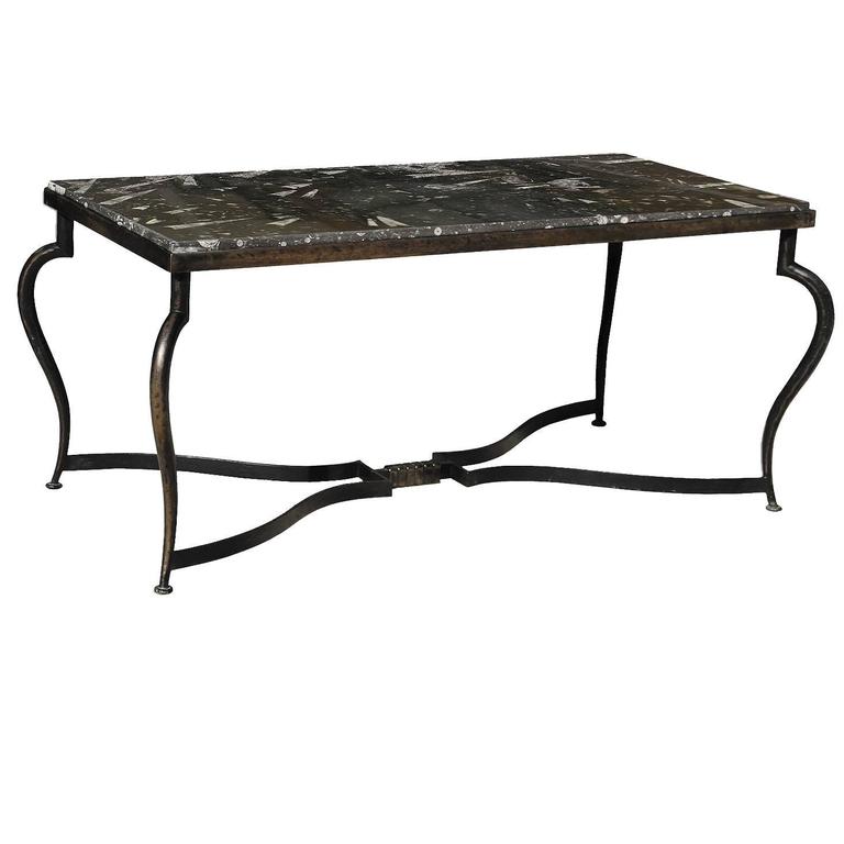 Wrought Iron Coffee Table with Black Sea Shell Marble For Sale at 1stdibs