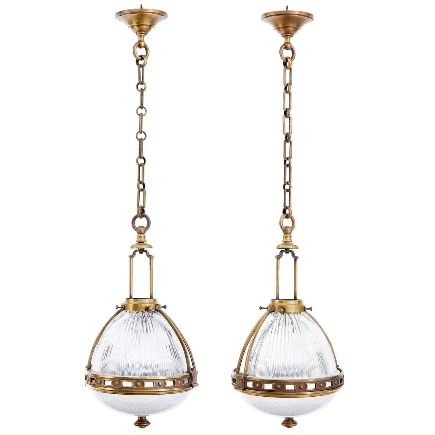 Pair of 1930s French Brass and Glass Pendant Lights
