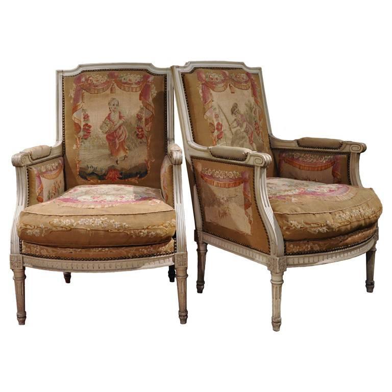 Pair of 19th Century French Louis XVI Painted Armchairs with Aubusson Tapestry