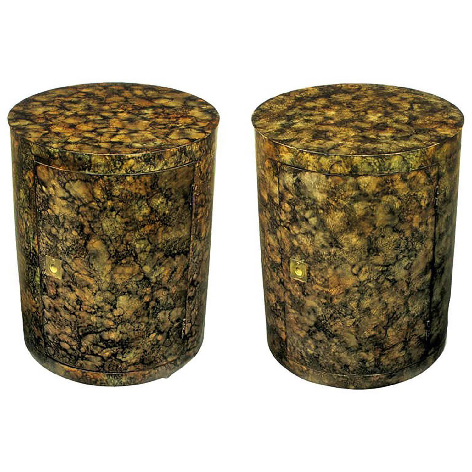 Pair of Custom Faux Tortoise Shell Cylinder Commodes For Sale