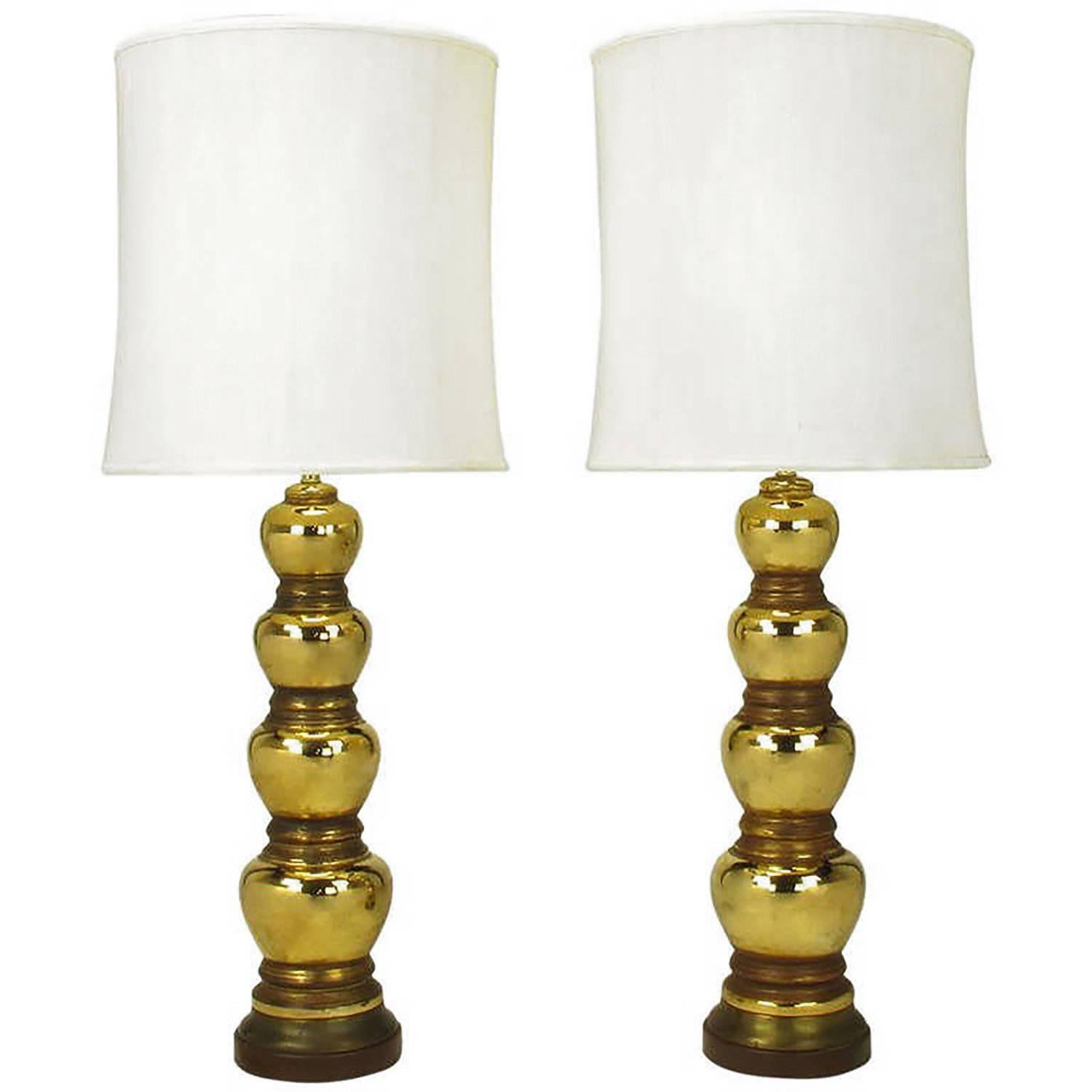 Pair of 1930s Gold-Plated Mirror Glazed Porcelain Quadruple Gourd Table Lamps For Sale