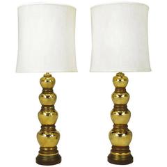 Pair of 1930s Gold-Plated Mirror Glazed Porcelain Quadruple Gourd Table Lamps 11