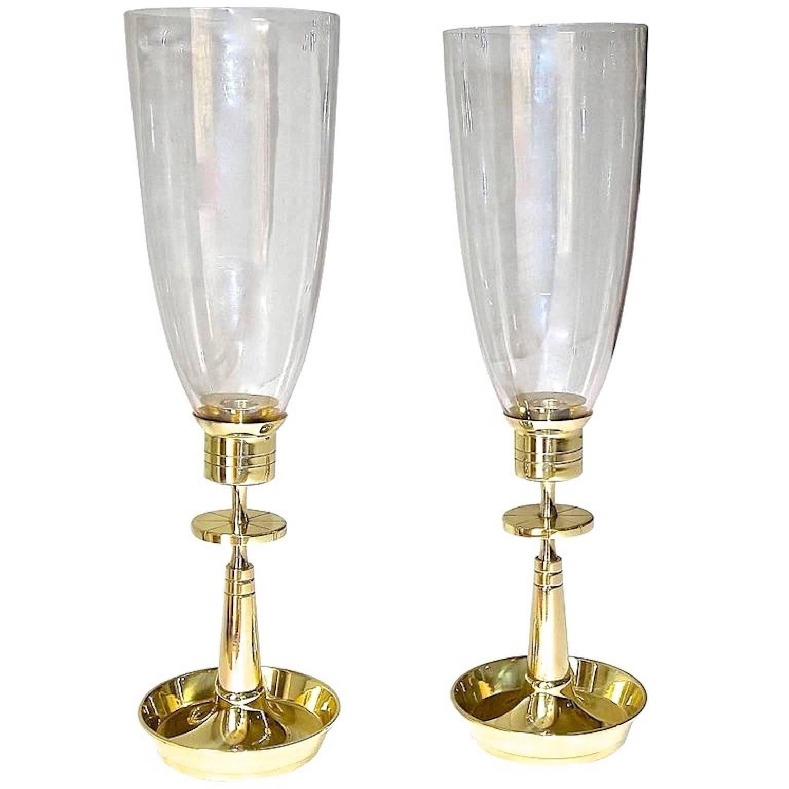 Pair of Tommi Parzinger for Dorlyn Brass Hurricane Candle Lamps