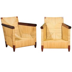 Vintage Superb Pair of Mahogany and Wicker Loungers by John Hutton for Donghia