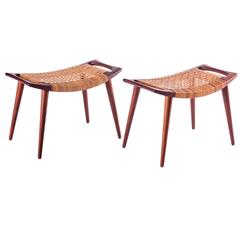 Pair of Hans Wegner Cane and Teak Ottomans 2