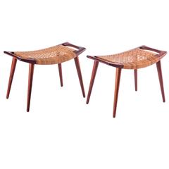 Pair of Hans Wegner Cane and Teak Ottomans