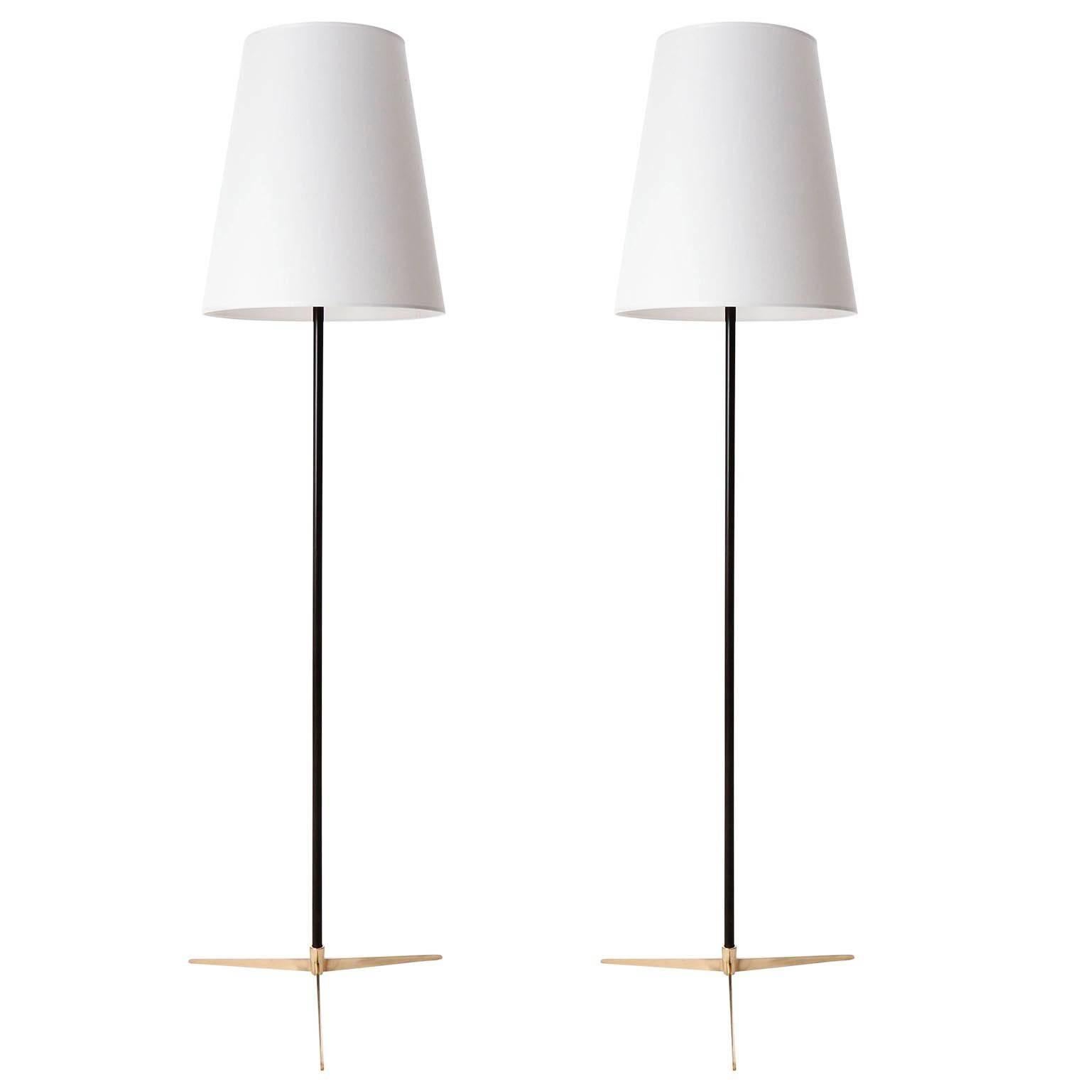 Pair or Kalmar Floor Lamps 'Micheline', Brass Tripod Black Metal, 1960