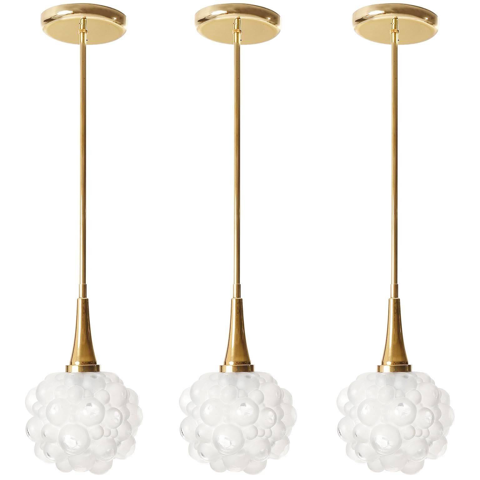 Pendant Lights by Helena Tynell for Limburg, Brass Opal Bubble Glass, 1960s