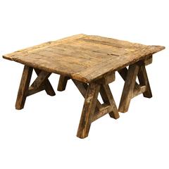 Antique French Rustic Coffee Table on Sawhorse Legs