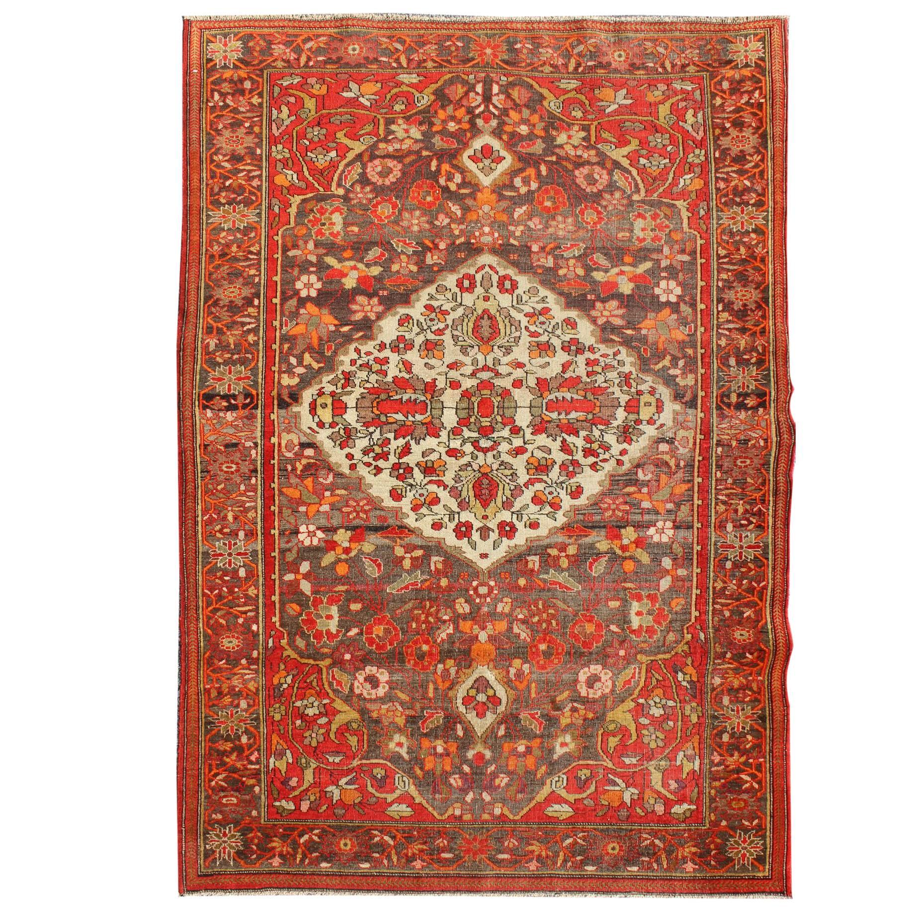 Sarouk Farahan Rug with Florals and Vine Scrolls in Red, Ivory, Taupe and Orange For Sale