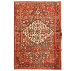 Antique Sarouk Farahan Rug with Florals and Vine Scrolls in Red, Ivory, Taupe and Orange