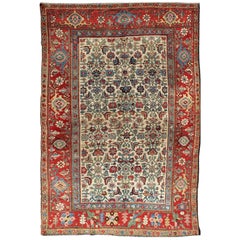Antique Persian Bidjar Carpet with Ivory, Rose, Green, Blue and Aubergine