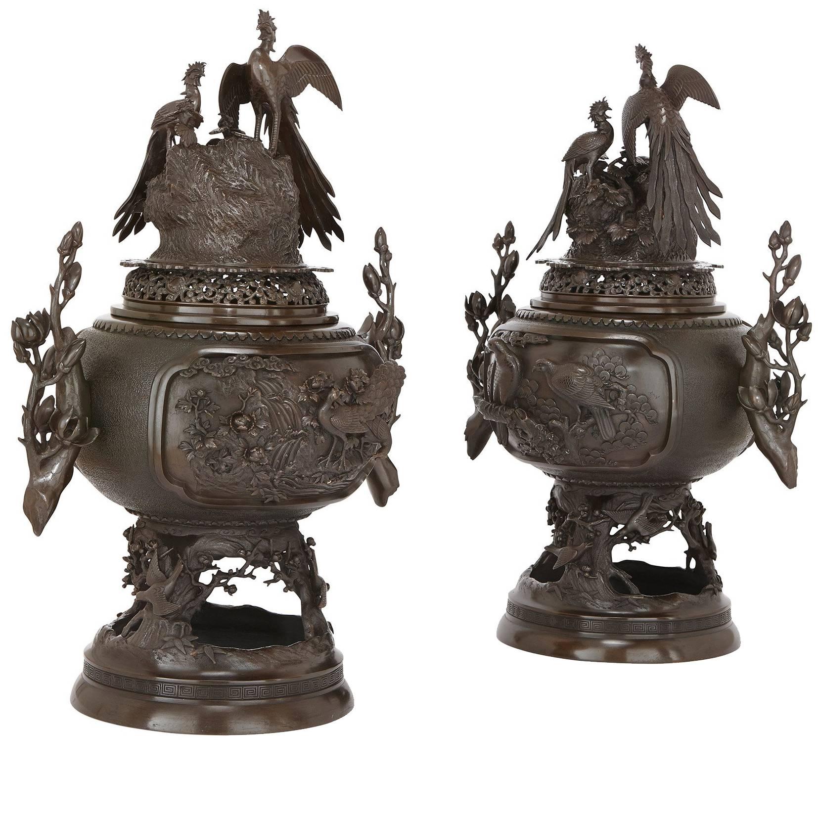 Pair of Antique Japanese Patinated Bronze Koro by Harusada