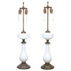 Elegant Electrified Milk Glass / Brass Oil Lamps as Table Lamps
