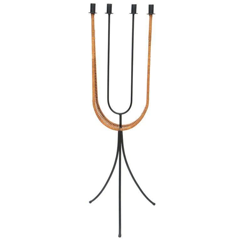 Arthur Umanoff Iron and Rattan Standing Candelabra for Raymor