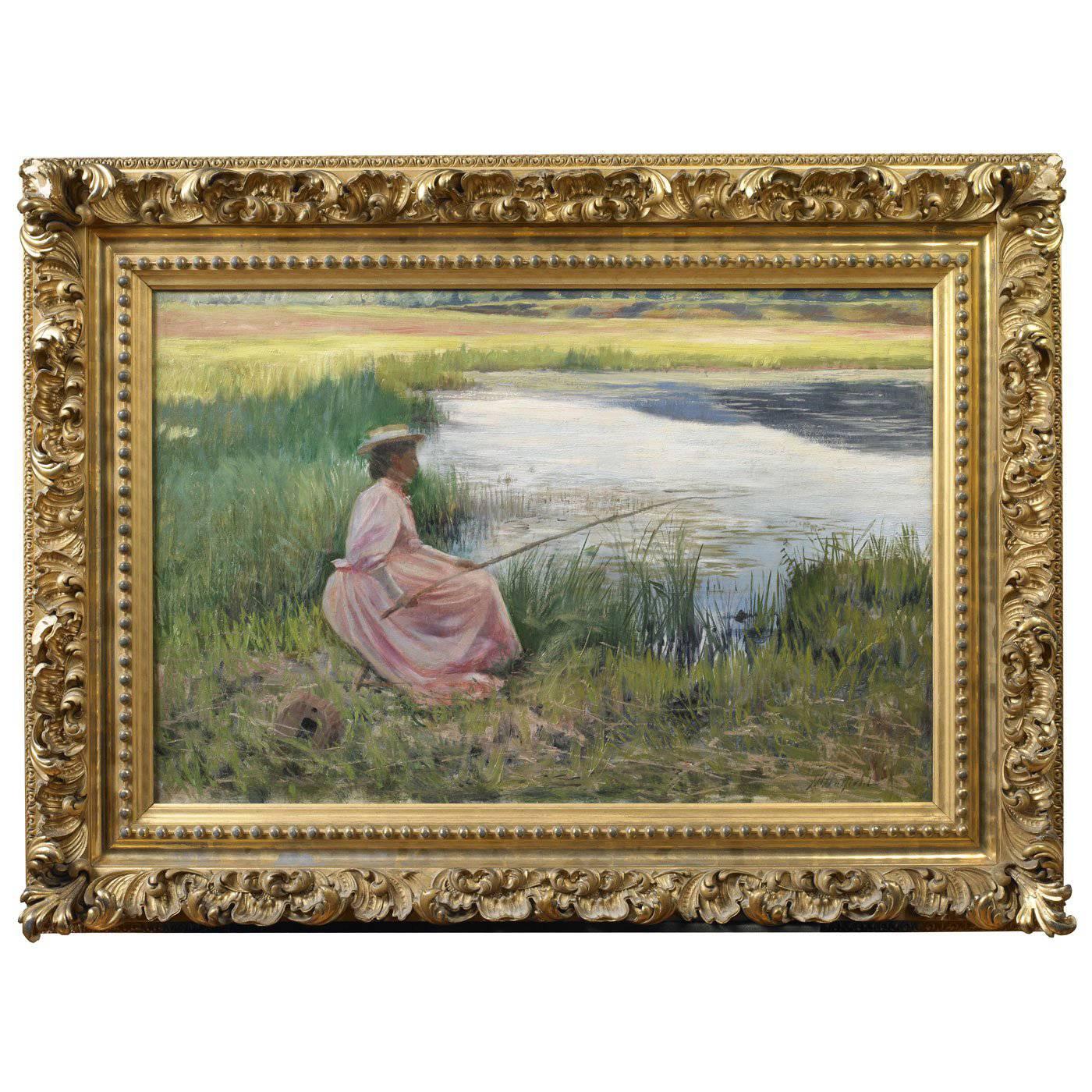 Joseph Henry Hatfield Young Woman Fishing Along a River, circa 1863-1928 For Sale