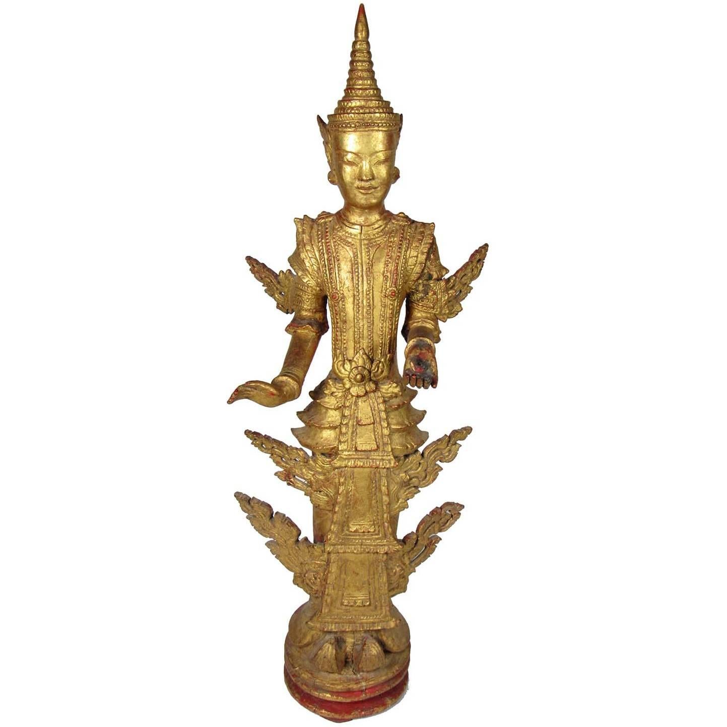 Antique Thai Gilt Wooden Figure of a Standing Buddha For Sale
