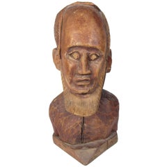Antique Folk Art Chip Carved Wood Head of a Bearded Man