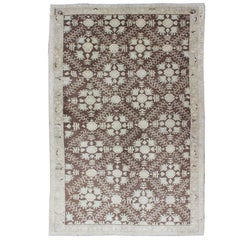 Turkish Oushak Carpet with All-Over Cross-Latch & Lattice Work in Mocha & Ivory